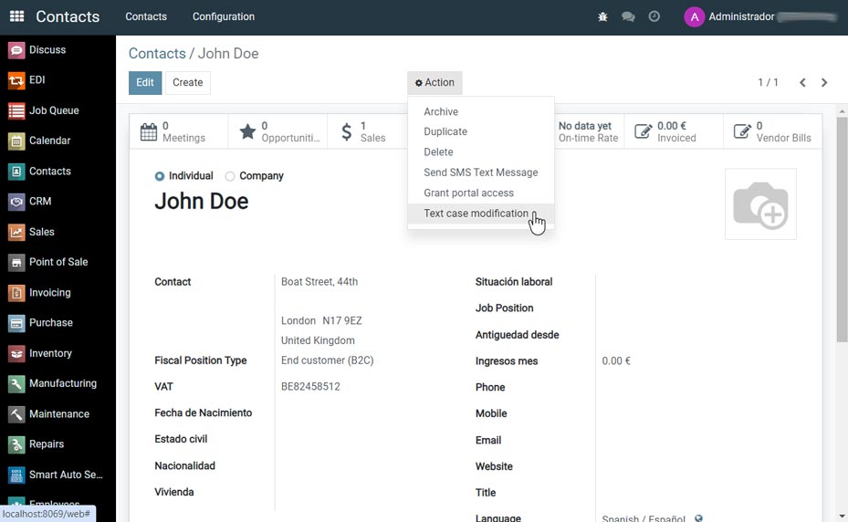 Access the action from the model menu