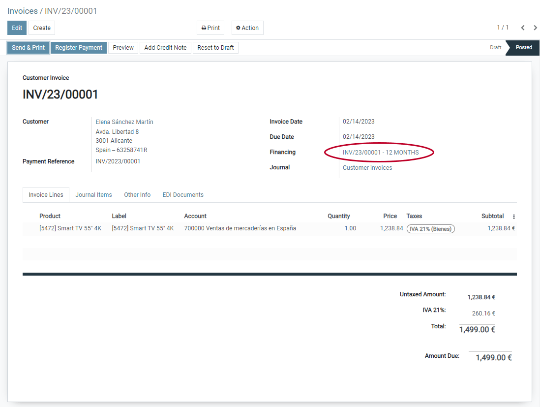 Sales invoice for a Smart TV financed over 12 months